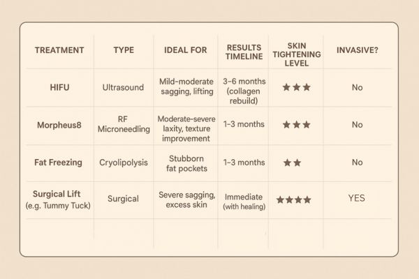 Table showing the comparisons of Skin tightening Ossett treatment options.